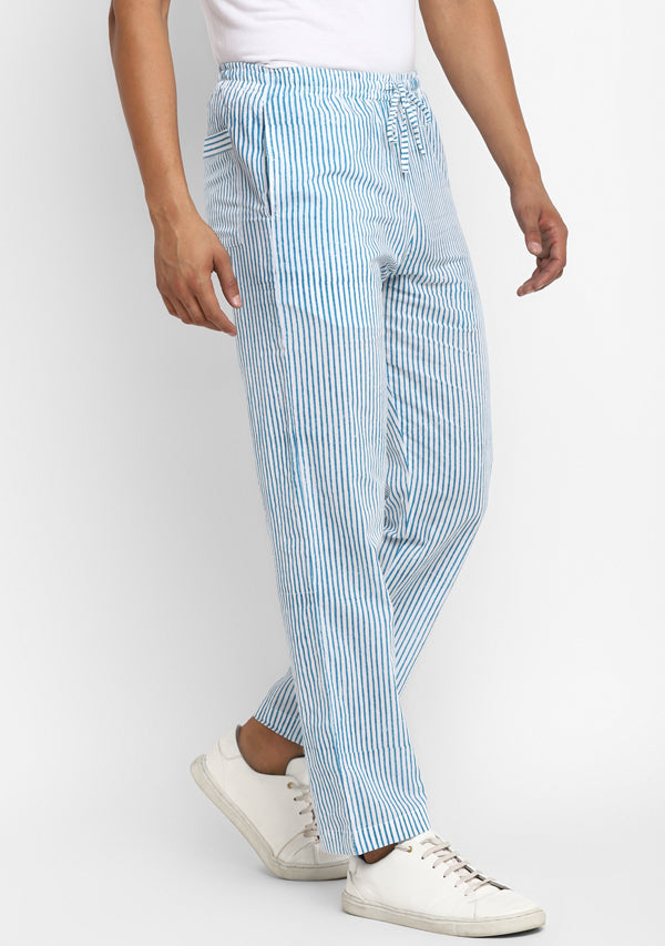 uNidraa | Blue White Pin Striped Hand Block Printed Cotton Lounge Pants For  Men